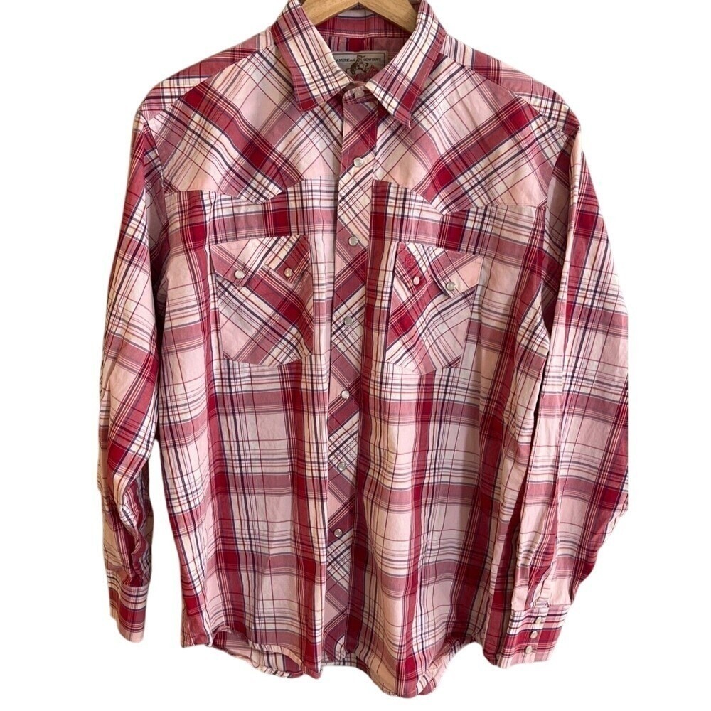 Vintage Wrangler Red Plaid Metallic Long Sleeve Pearl Snap Shirt Size Large Read